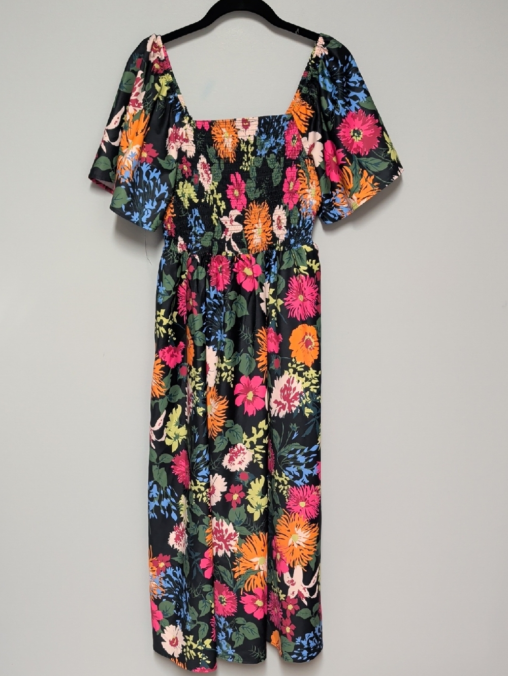 BloomChic Black Floral Smocked Midi Dress with Pink, Orange & Blue Blooms